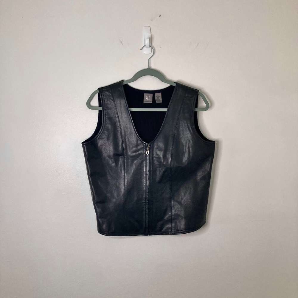 Chandler Hill Black Genuine Leather Biker Zip Vest Grunge Moto Ribbed Knit Back